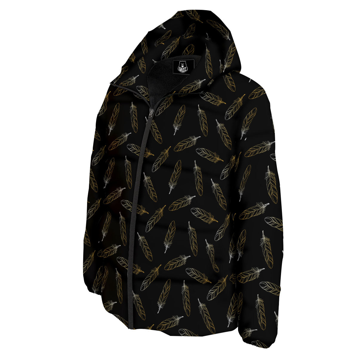 Feather Black And Gold Print Pattern Down Jacket-grizzshop