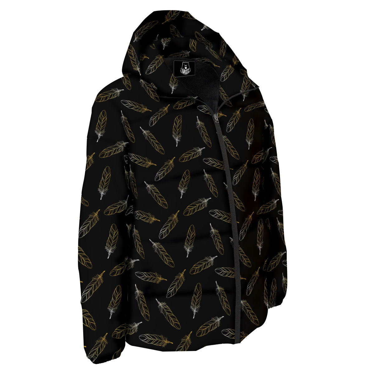 Feather Black And Gold Print Pattern Down Jacket-grizzshop
