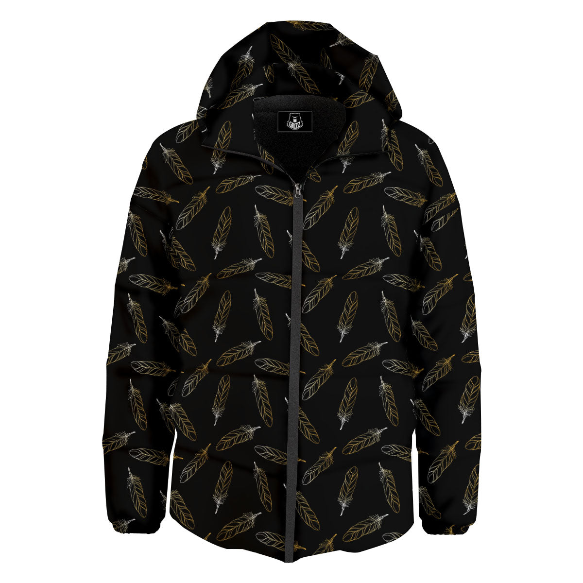 Feather Black And Gold Print Pattern Down Jacket-grizzshop