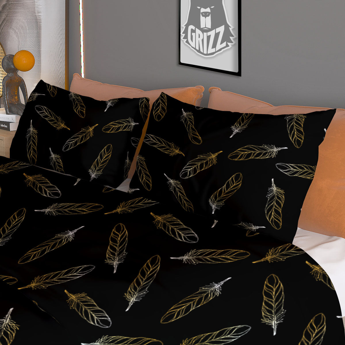 Feather Black And Gold Print Pattern Duvet Cover Bedding Set