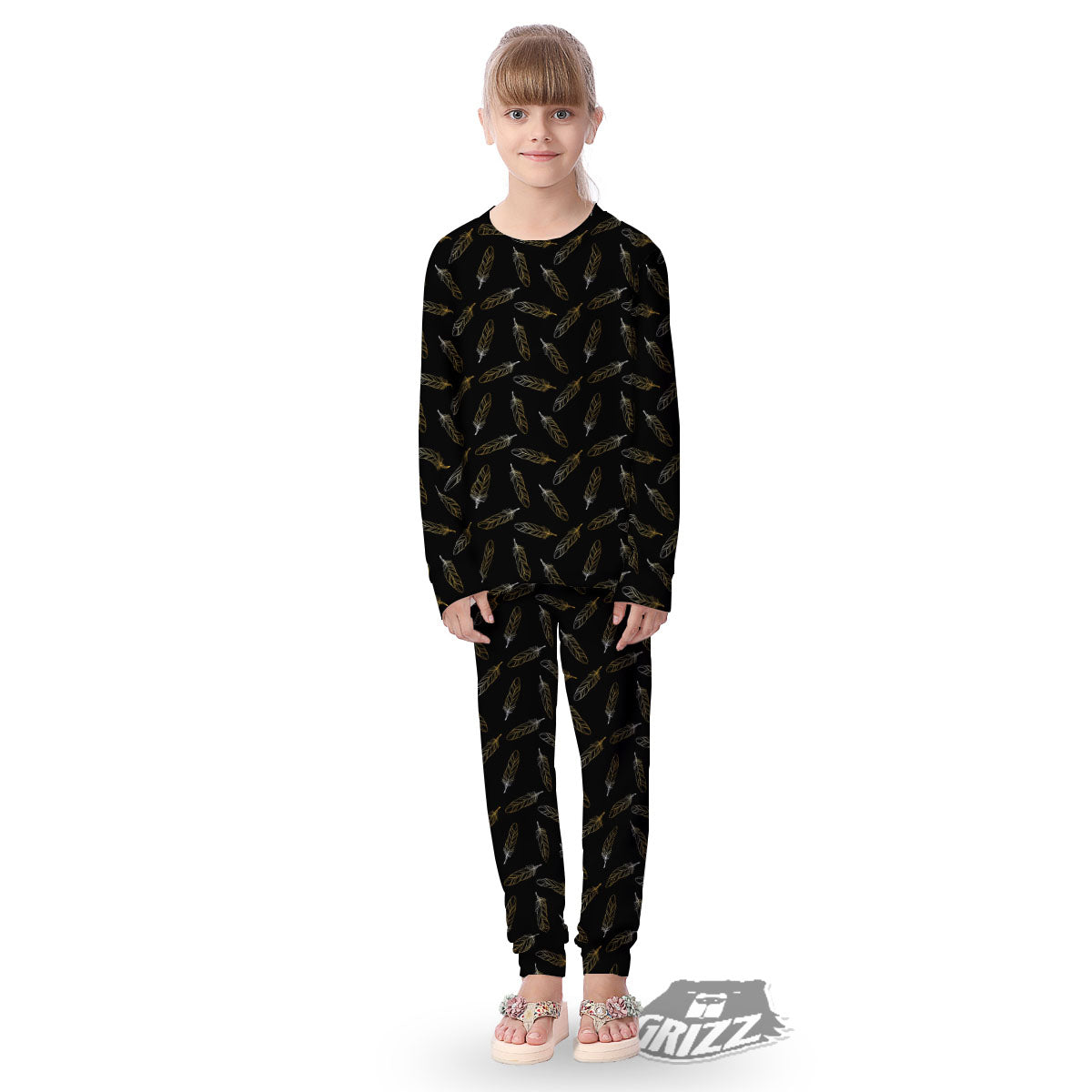Feather Black And Gold Print Pattern Kid's Pajamas-grizzshop