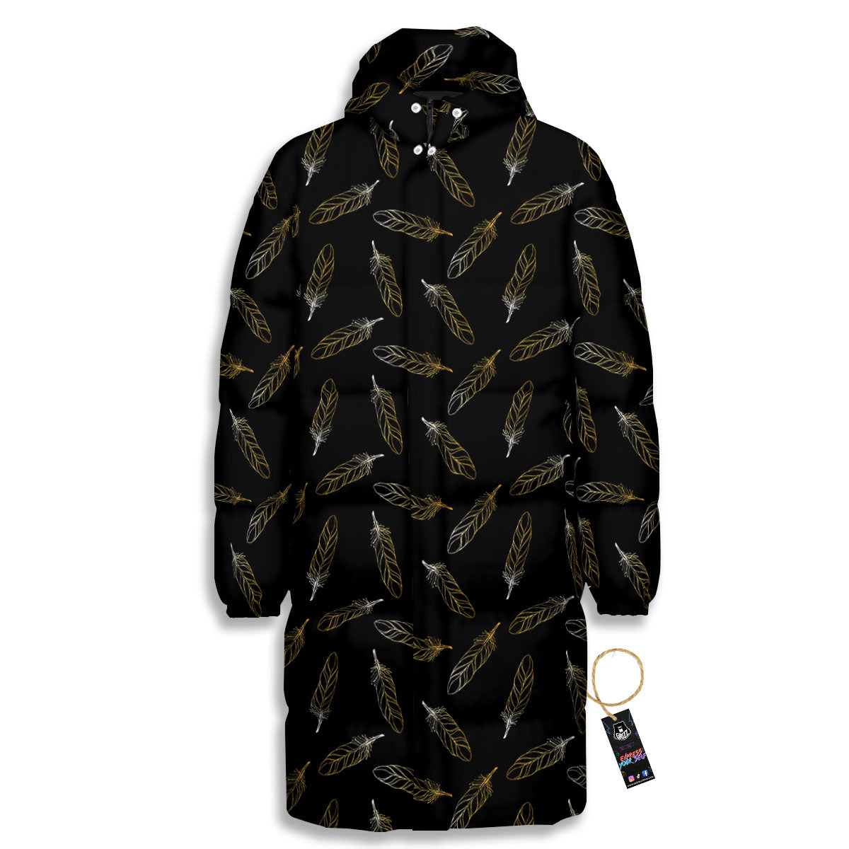 Feather Black And Gold Print Pattern Long Down Jacket-grizzshop