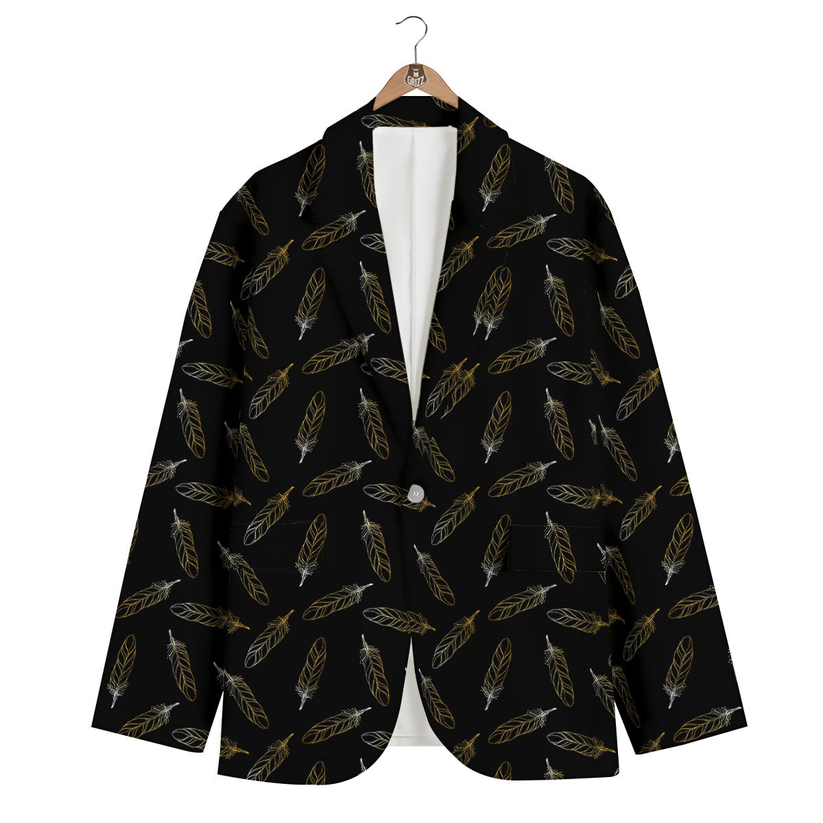 Feather Black And Gold Print Pattern Men's Blazer-grizzshop