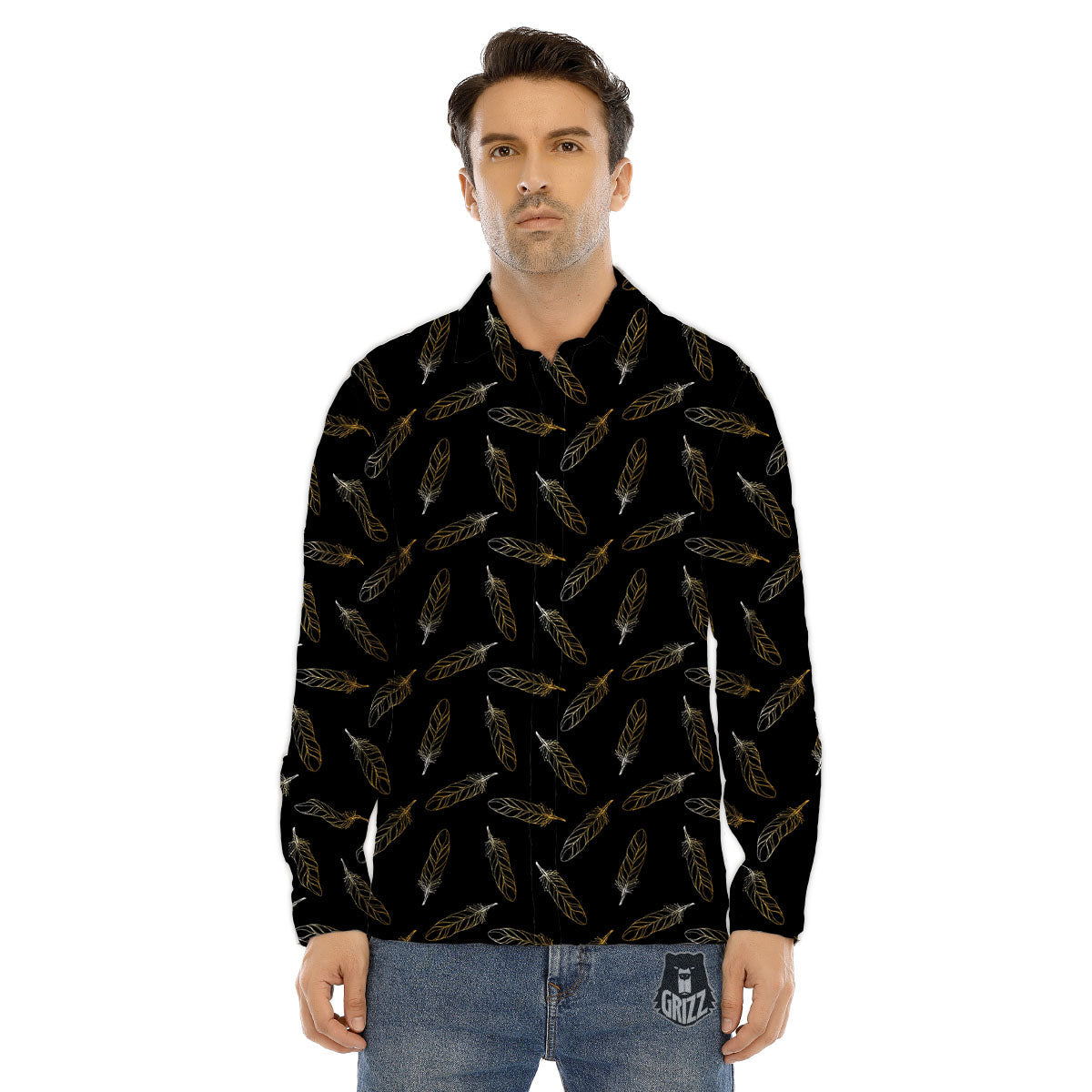 Feather Black And Gold Print Pattern Men's Dress Shirts-grizzshop