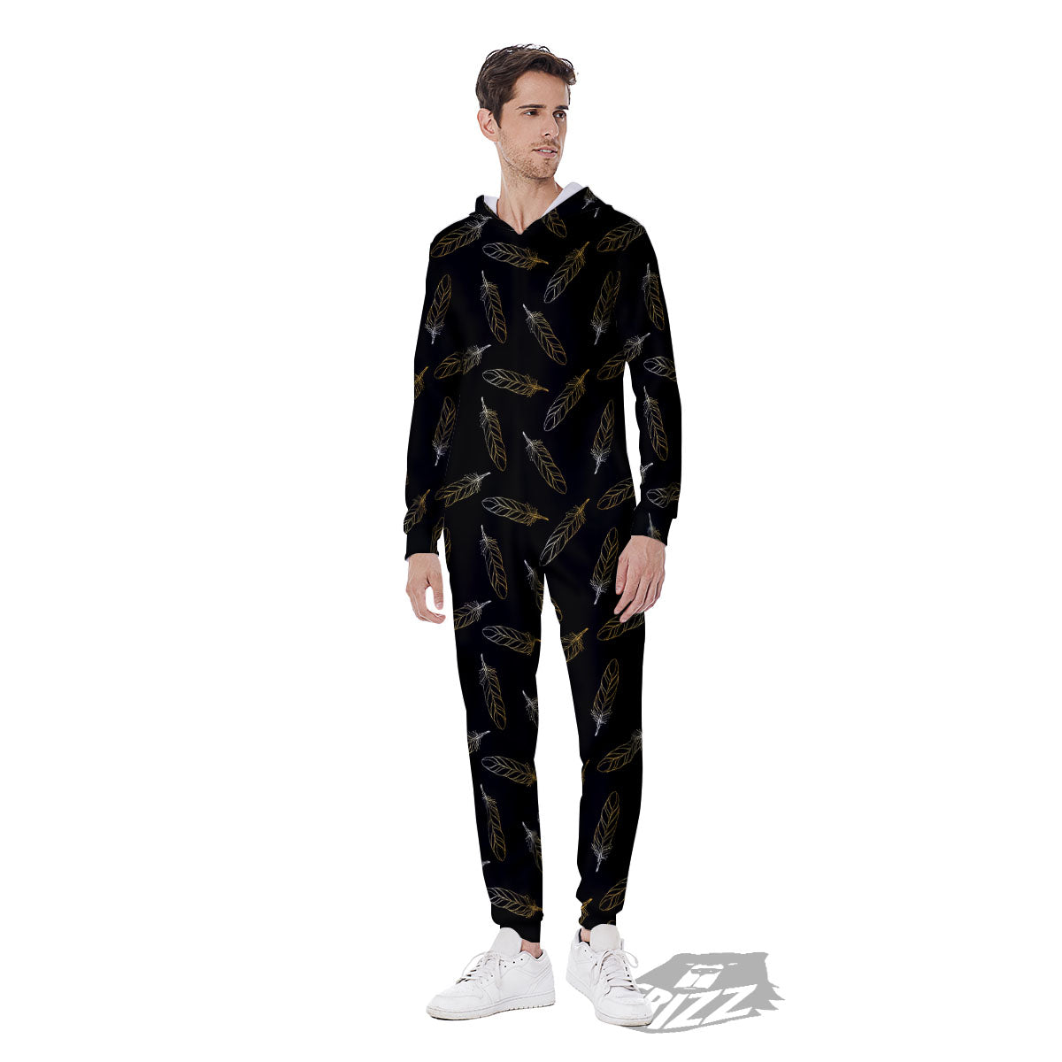 Feather Black And Gold Print Pattern Men's Jumpsuit-grizzshop