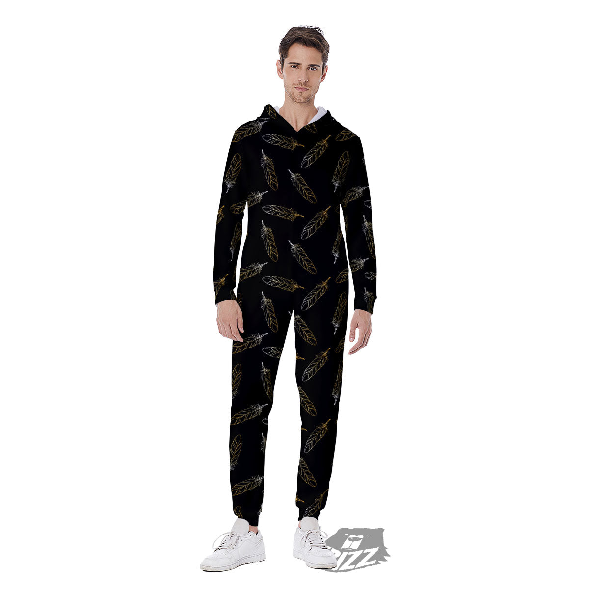 Feather Black And Gold Print Pattern Men's Jumpsuit-grizzshop