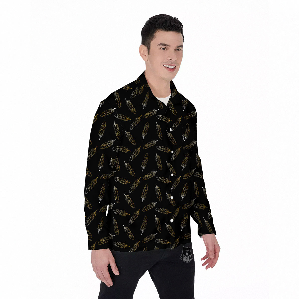 Feather Black And Gold Print Pattern Men's Long Sleeve Shirts-grizzshop