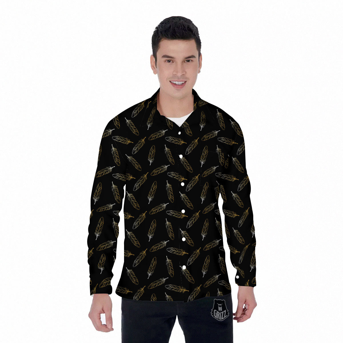 Feather Black And Gold Print Pattern Men's Long Sleeve Shirts-grizzshop