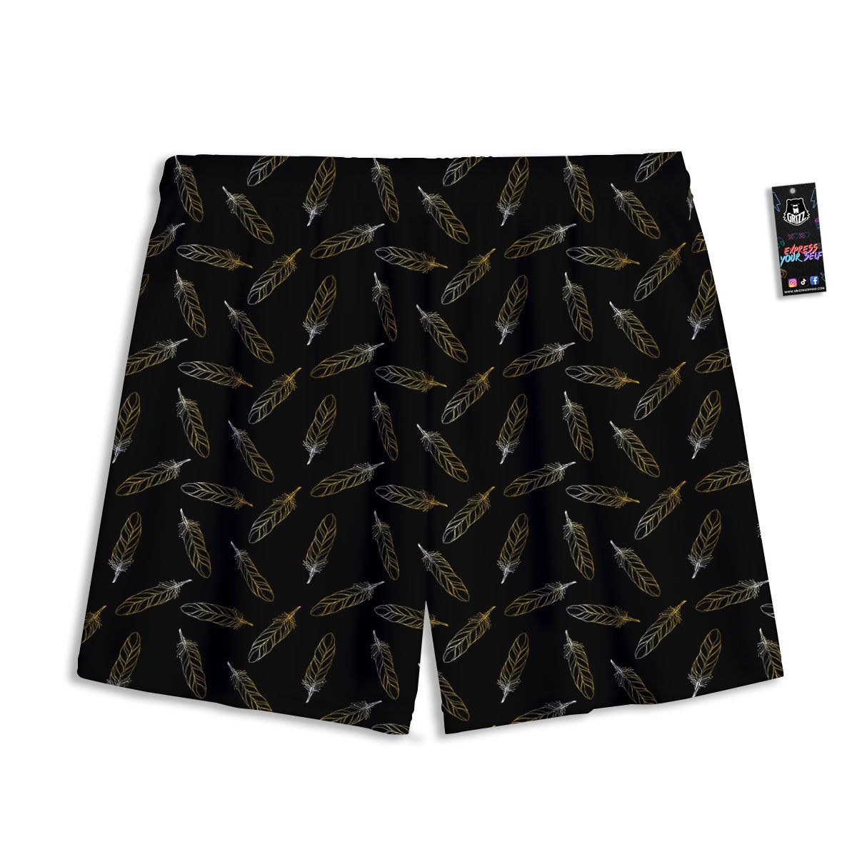 Feather Black And Gold Print Pattern Mesh Shorts