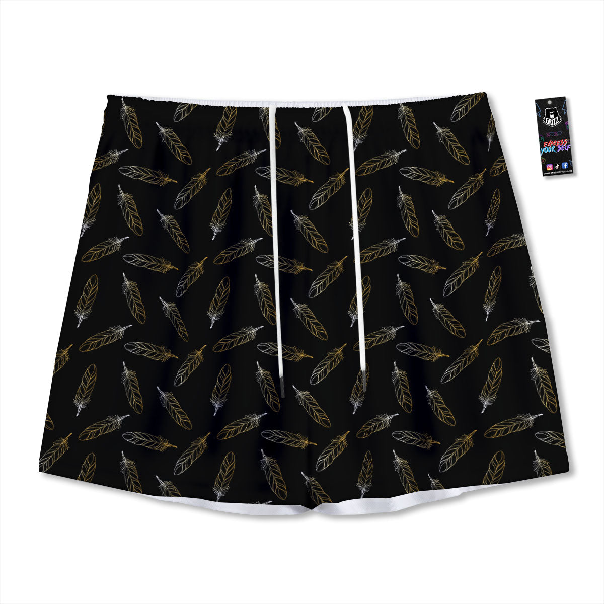 Feather Black And Gold Print Pattern Mesh Shorts