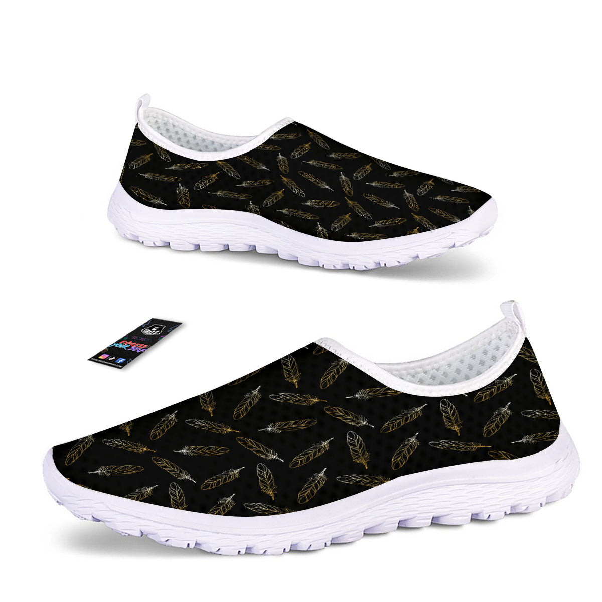 Feather Black And Gold Print Pattern Nurse Shoes-grizzshop