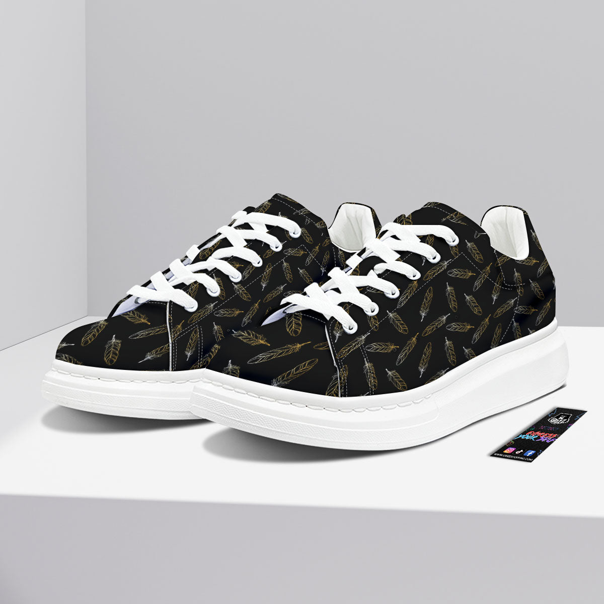 Feather Black And Gold Print Pattern Platform Shoes-grizzshop