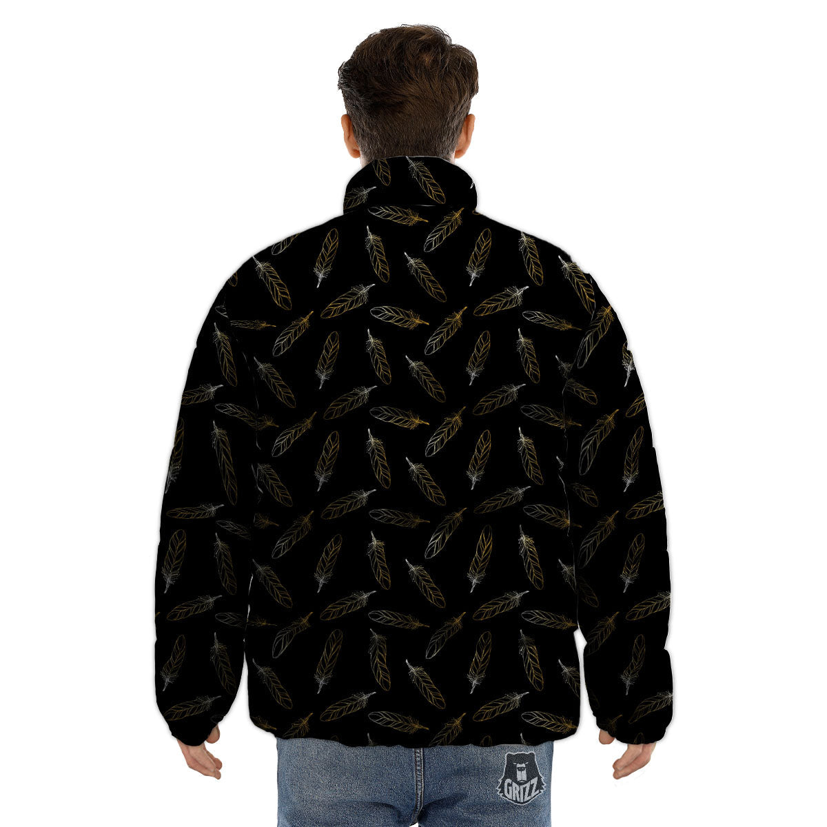 Feather Black And Gold Print Pattern Puffer Jacket-grizzshop