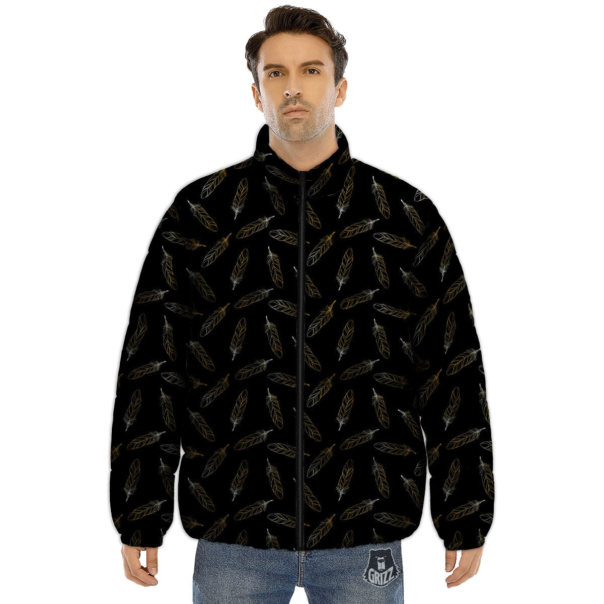 Feather Black And Gold Print Pattern Puffer Jacket-grizzshop