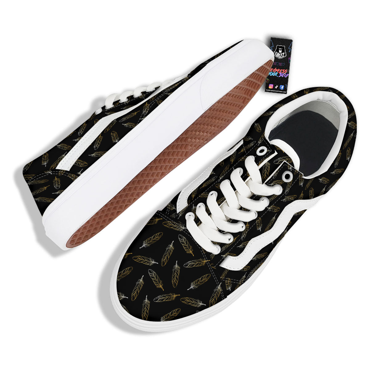 Feather Black And Gold Print Pattern Skate Shoes-grizzshop