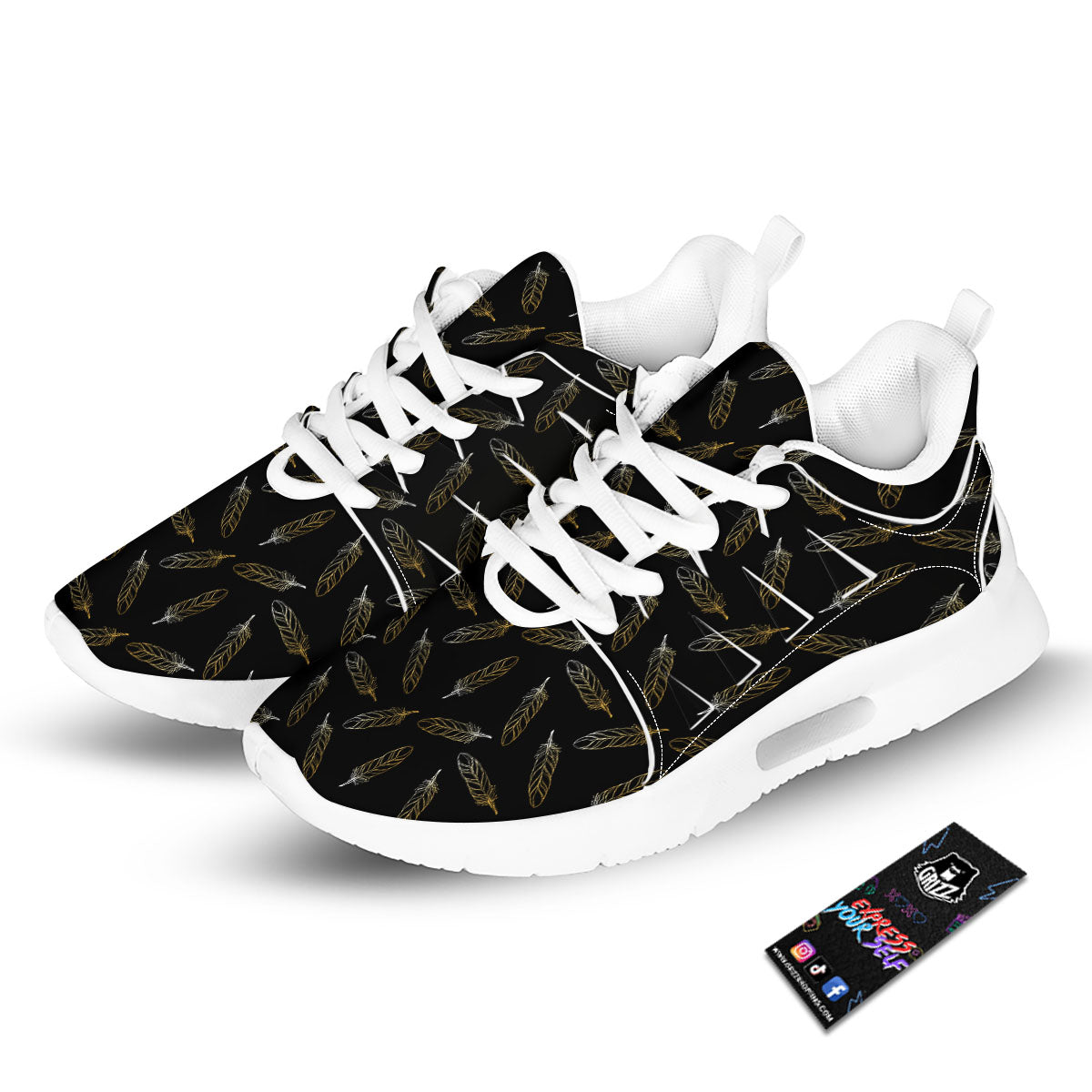 Feather Black And Gold Print Pattern Tennis Shoes-grizzshop