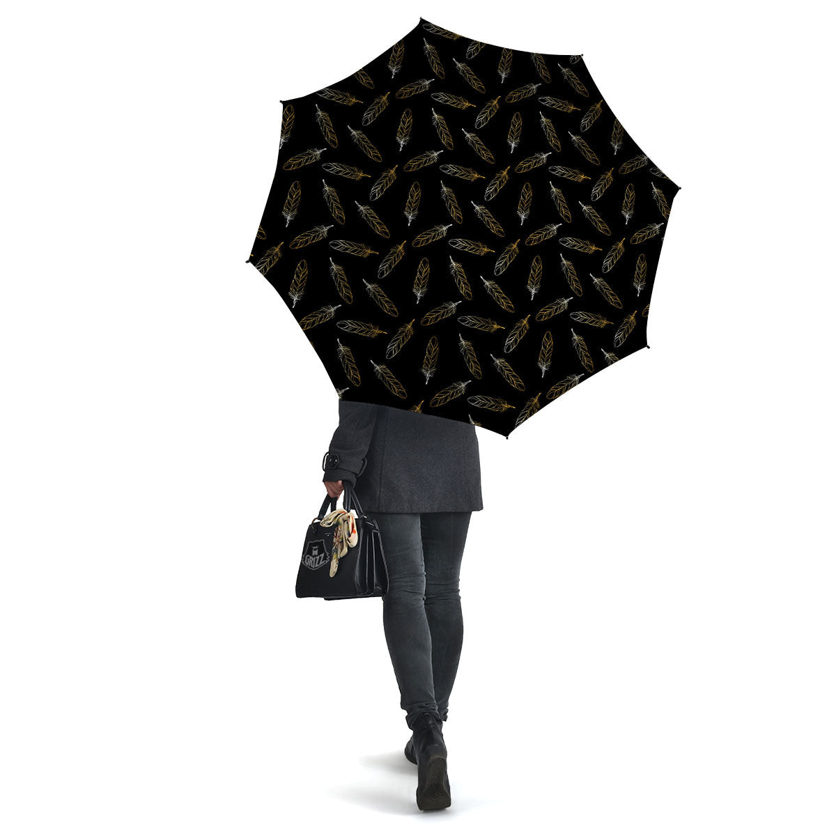 Feather Black And Gold Print Pattern Umbrella-grizzshop