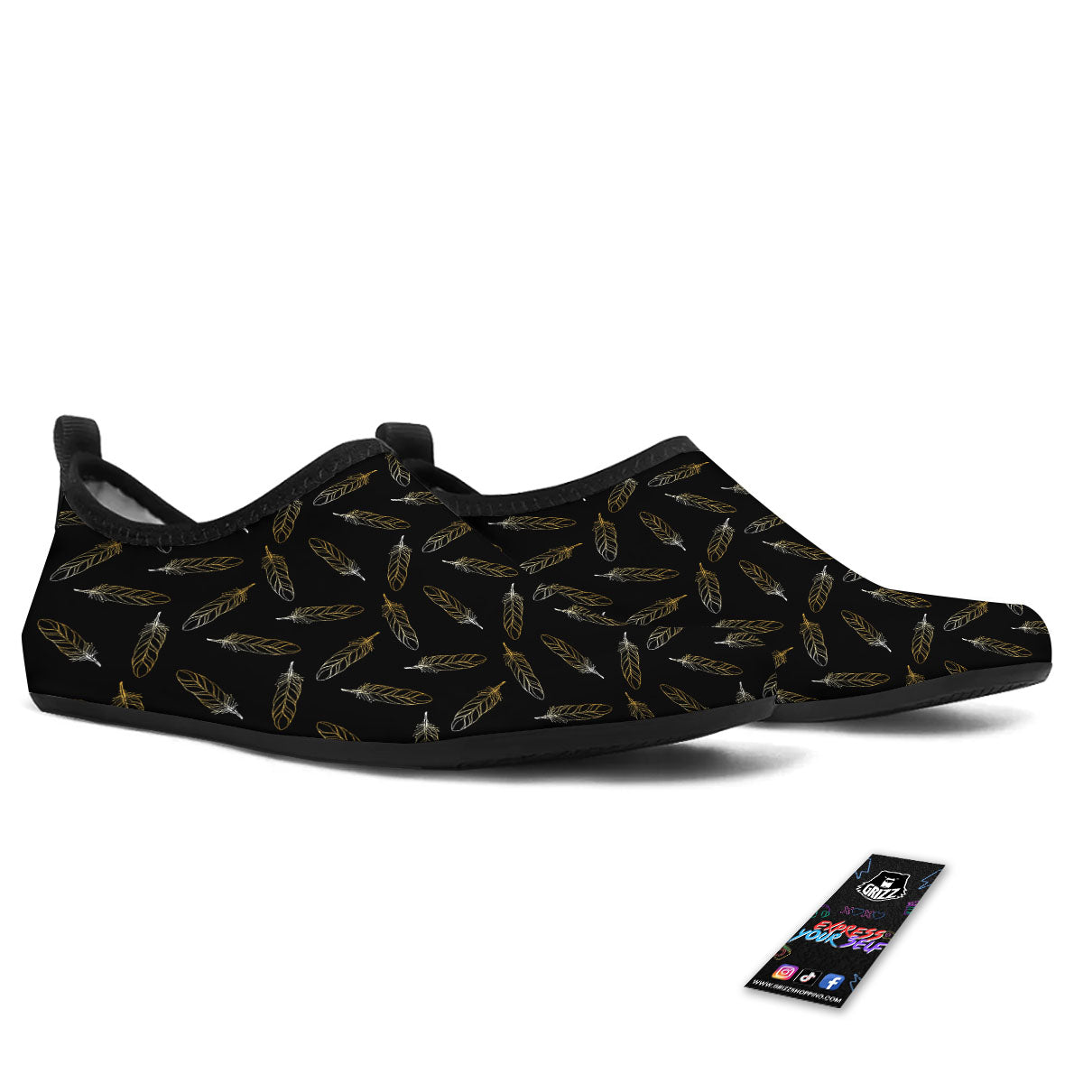 Feather Black And Gold Print Pattern Water Shoes-grizzshop
