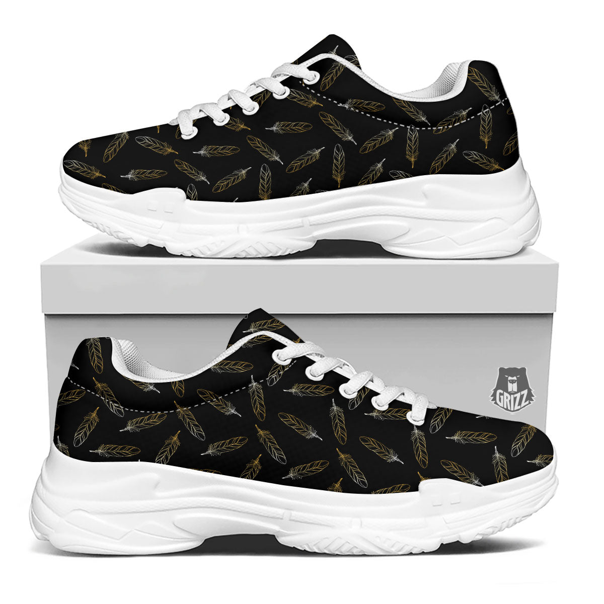 Feather Black And Gold Print Pattern White Chunky Shoes-grizzshop