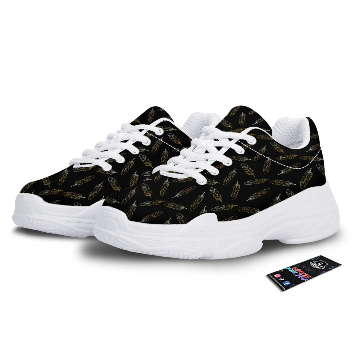 Feather Black And Gold Print Pattern White Chunky Shoes-grizzshop