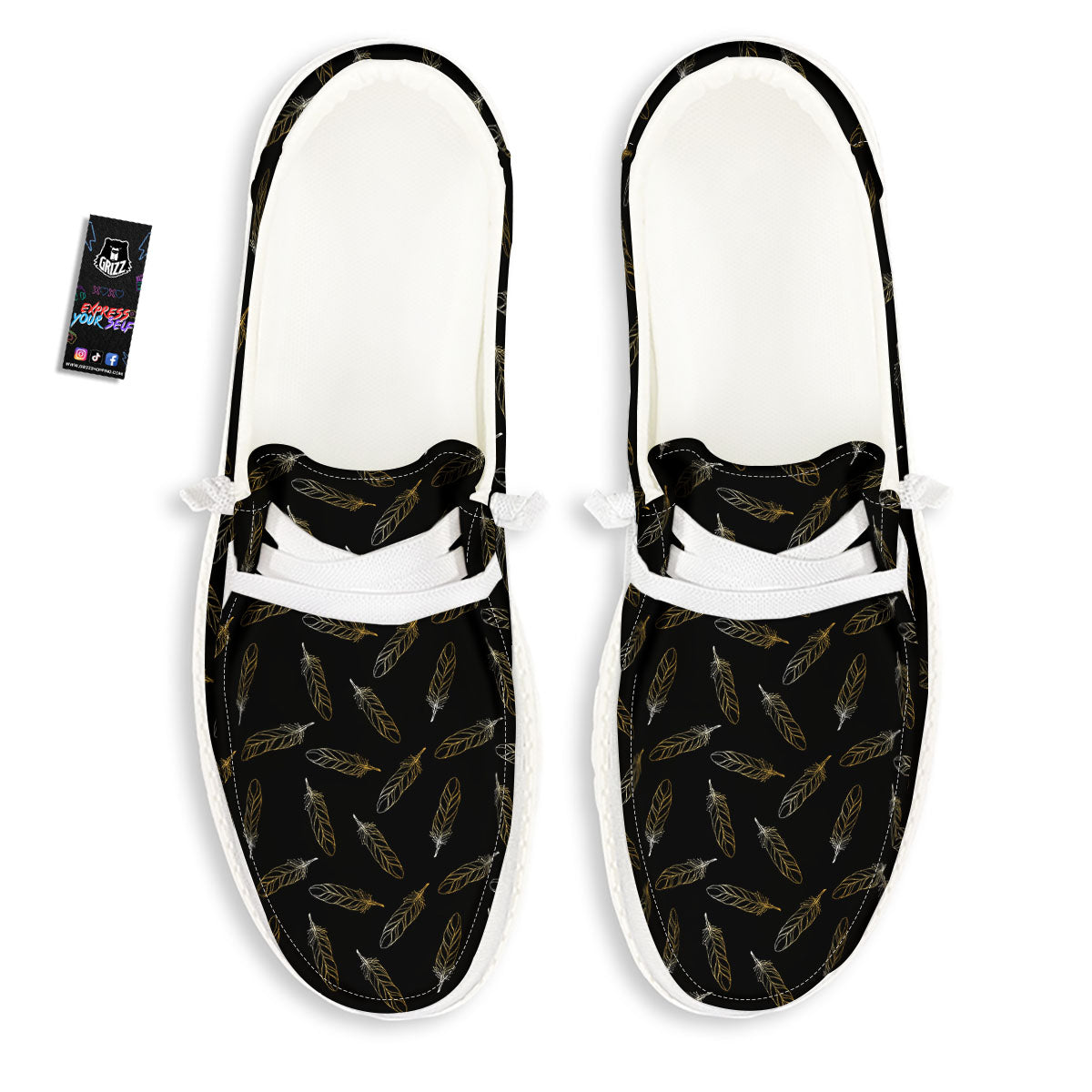 Feather Black And Gold Print Pattern White Loafers-grizzshop