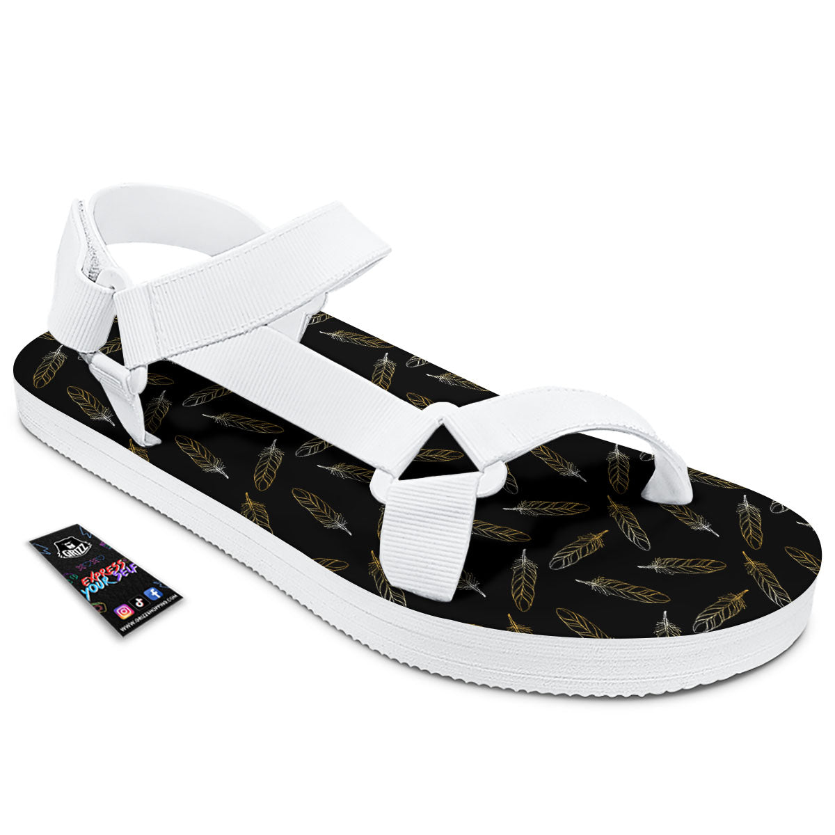 Feather Black And Gold Print Pattern White Open Toe Sandals-grizzshop