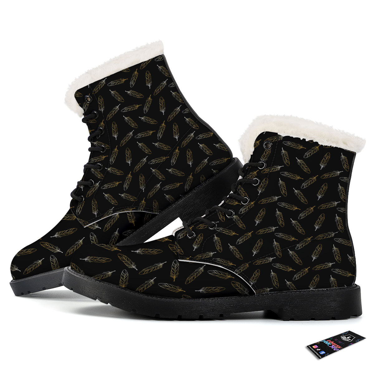 Feather Black And Gold Print Pattern Winter Boots-grizzshop