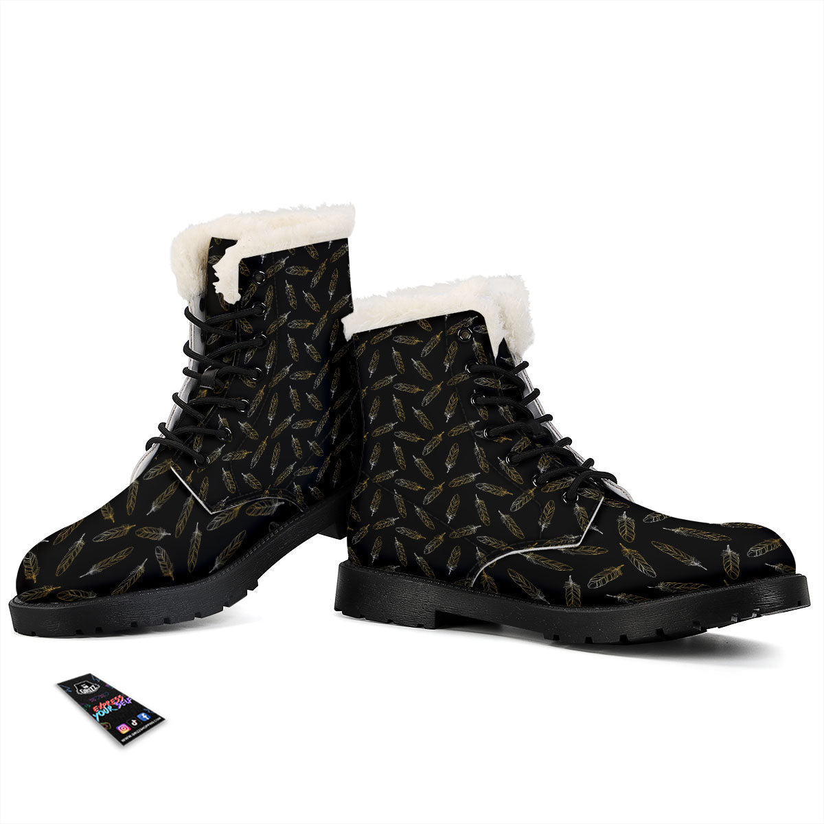 Feather Black And Gold Print Pattern Winter Boots-grizzshop