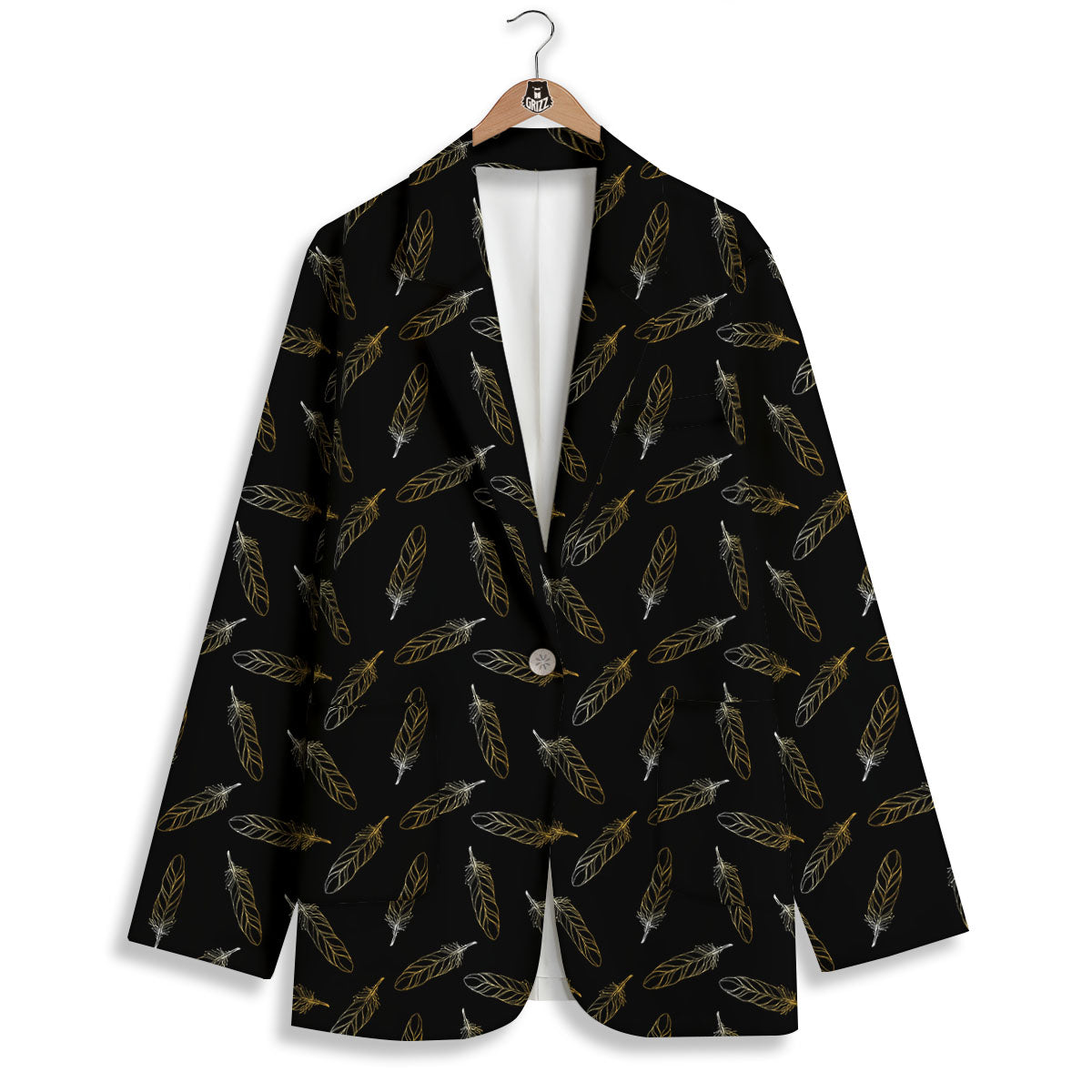 Feather Black And Gold Print Pattern Women's Blazer-grizzshop