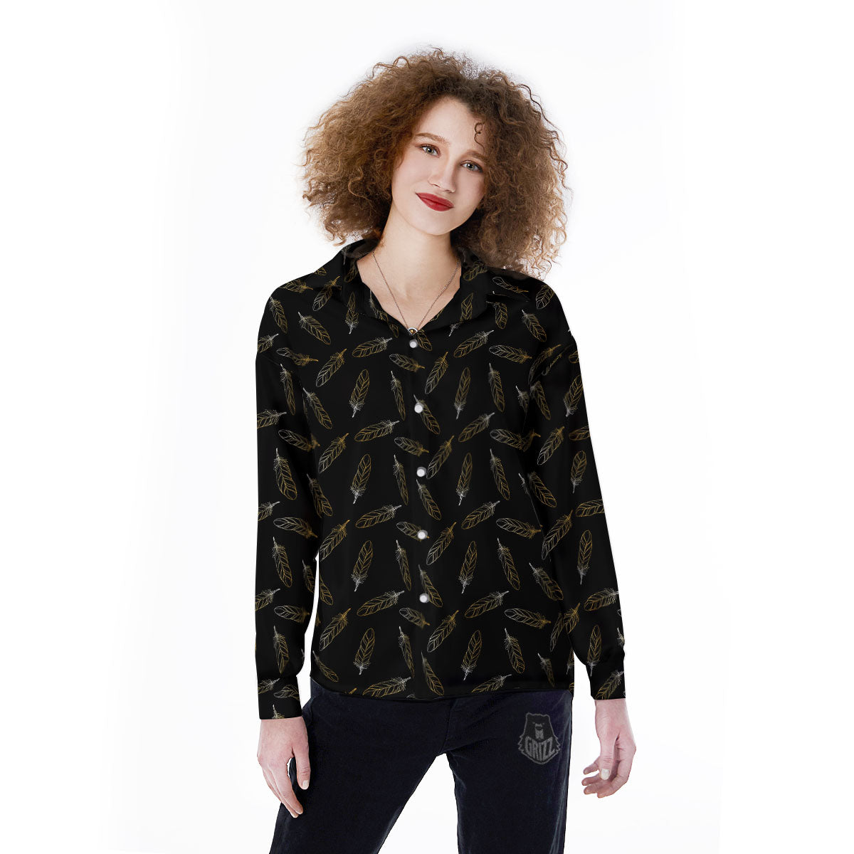 Feather Black And Gold Print Pattern Women's Long Sleeve Shirts-grizzshop