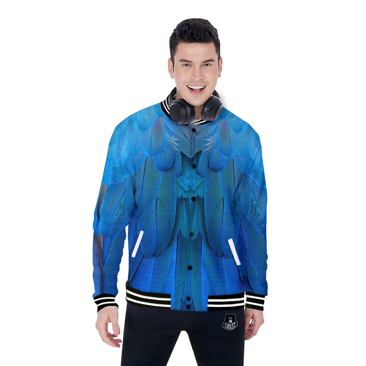 Feather Blue Print Baseball Jacket-grizzshop