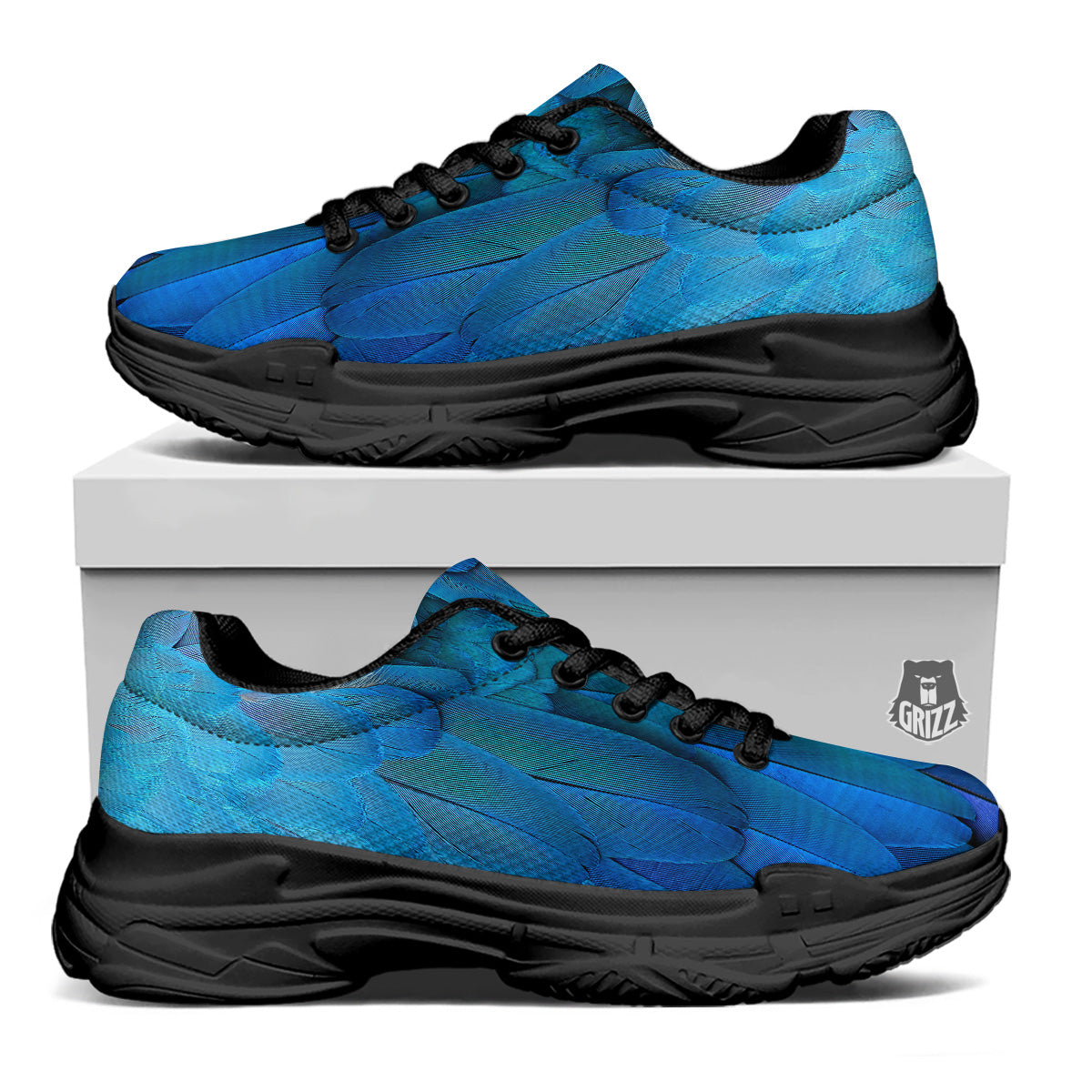 Feather Blue Print Black Chunky Shoes-grizzshop