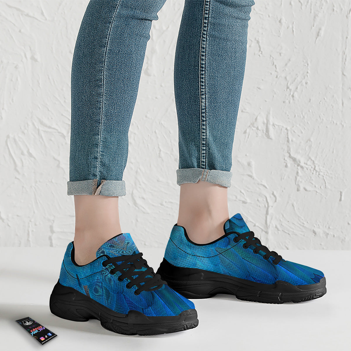Feather Blue Print Black Chunky Shoes-grizzshop