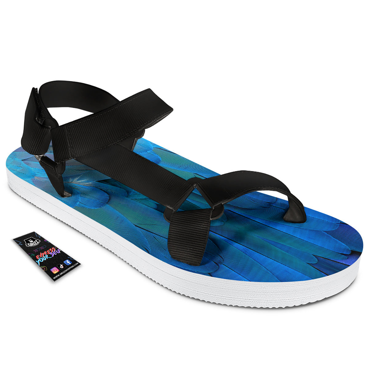 Feather Blue Print Black Open Toe Sandals-grizzshop