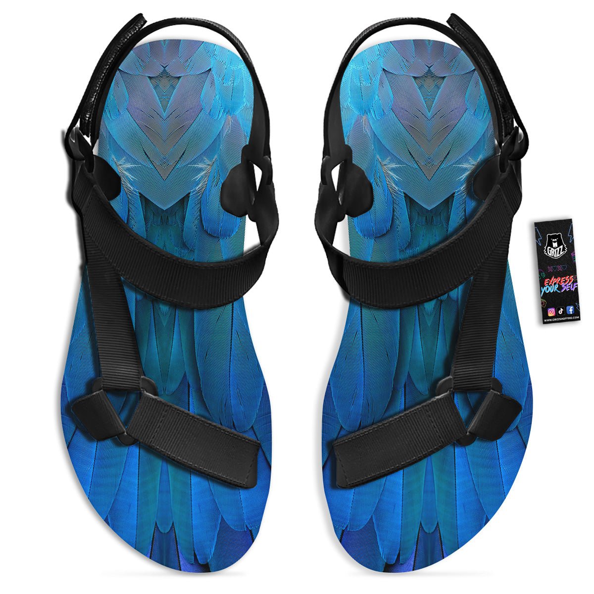 Feather Blue Print Black Open Toe Sandals-grizzshop