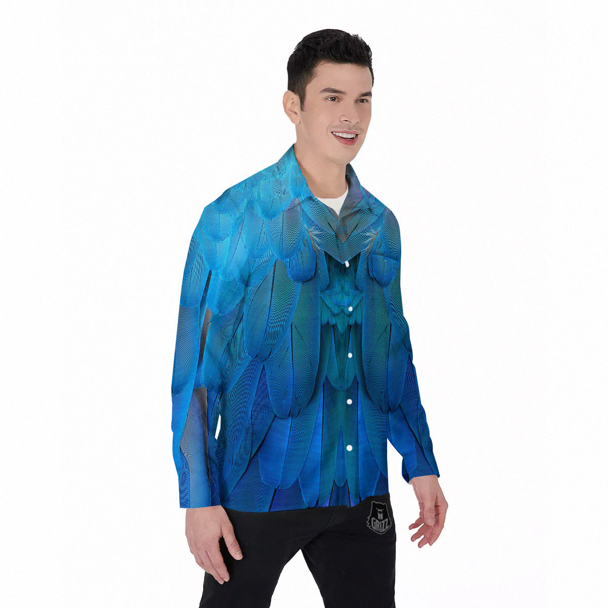 Feather Blue Print Men's Long Sleeve Shirts-grizzshop