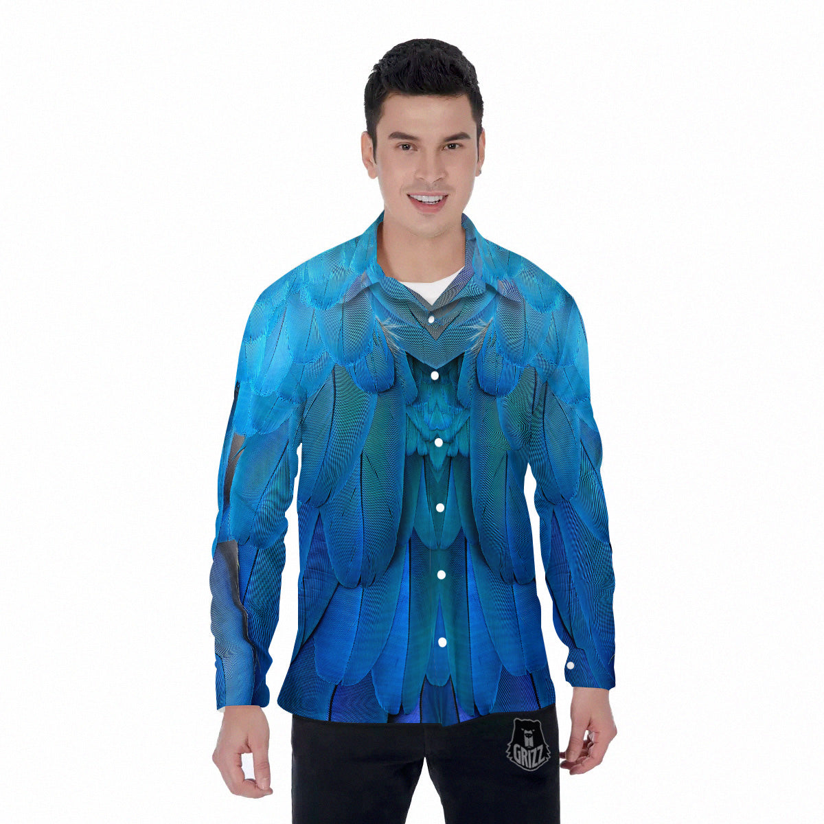 Feather Blue Print Men's Long Sleeve Shirts-grizzshop