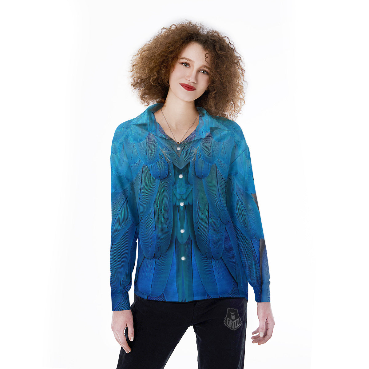 Feather Blue Print Women's Long Sleeve Shirts-grizzshop