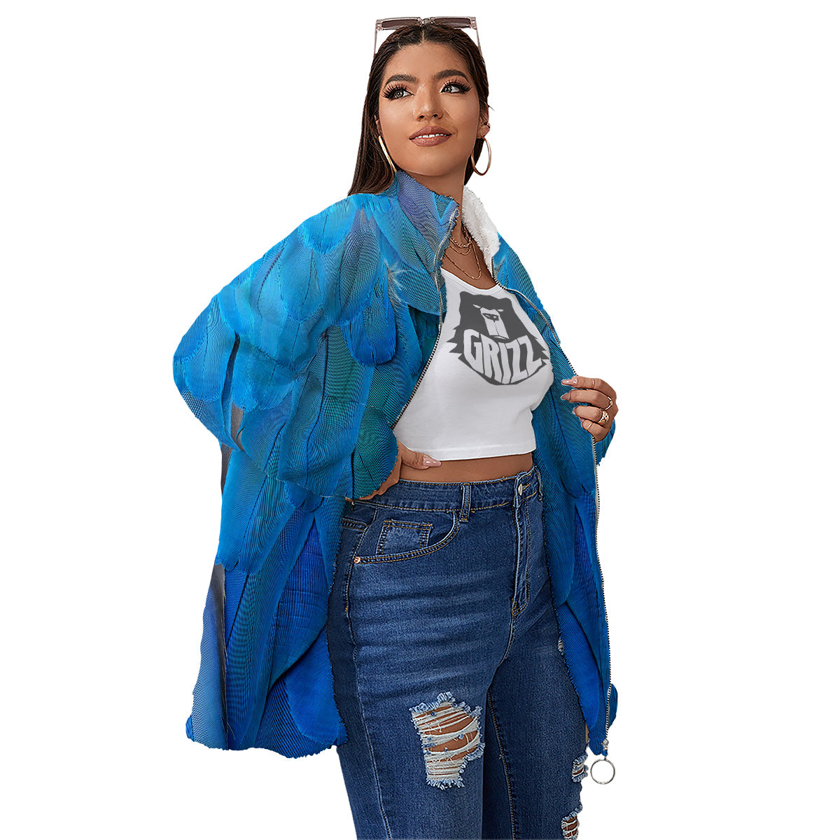 Feather Blue Print Women's Sherpa Jacket-grizzshop