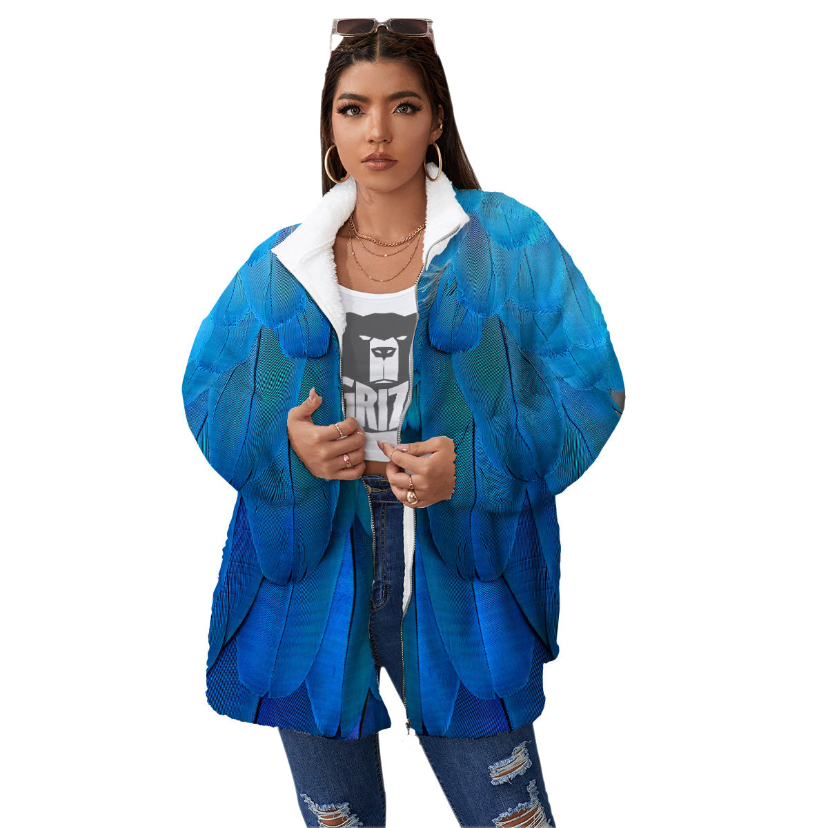 Feather Blue Print Women's Sherpa Jacket-grizzshop