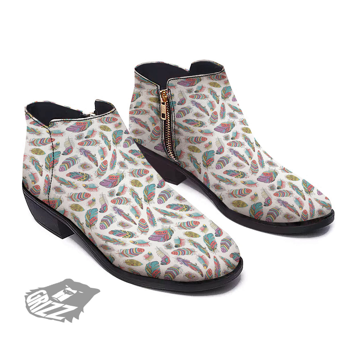 Feather Bohemian Print Pattern Ankle Boots-grizzshop