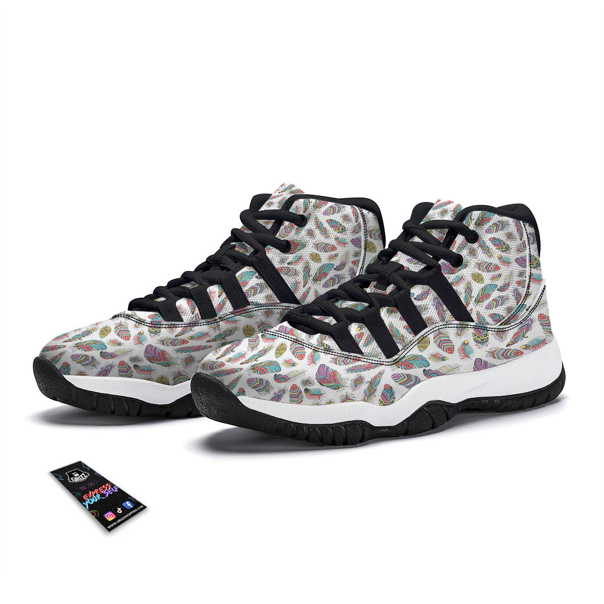 Feather Bohemian Print Pattern Black Bball Shoes-grizzshop