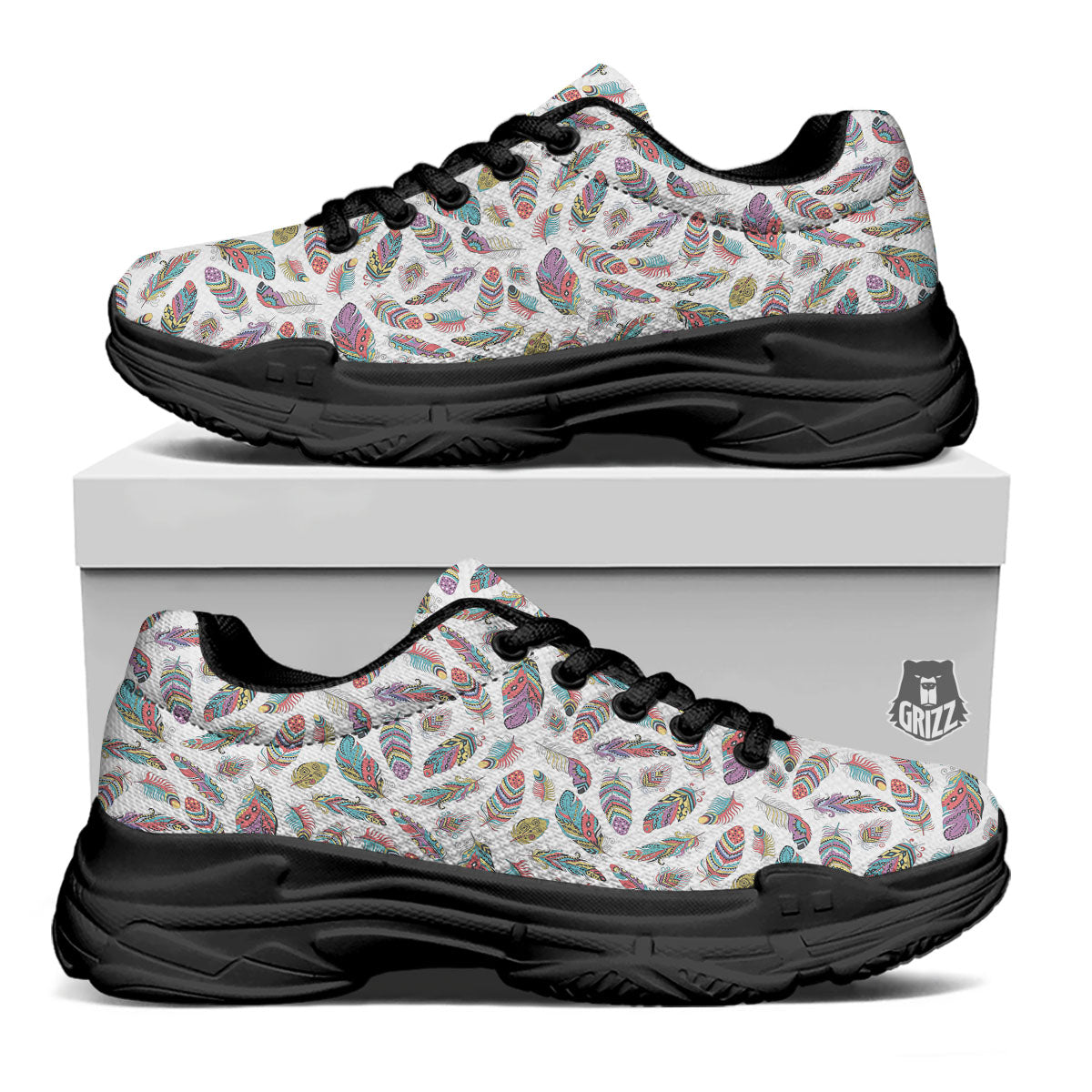 Feather Bohemian Print Pattern Black Chunky Shoes-grizzshop