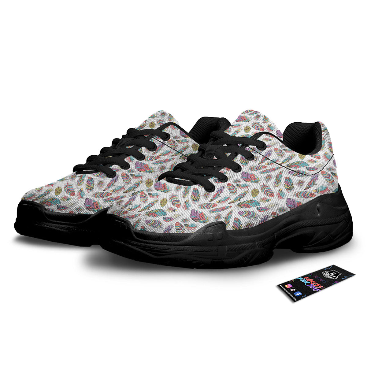 Feather Bohemian Print Pattern Black Chunky Shoes-grizzshop