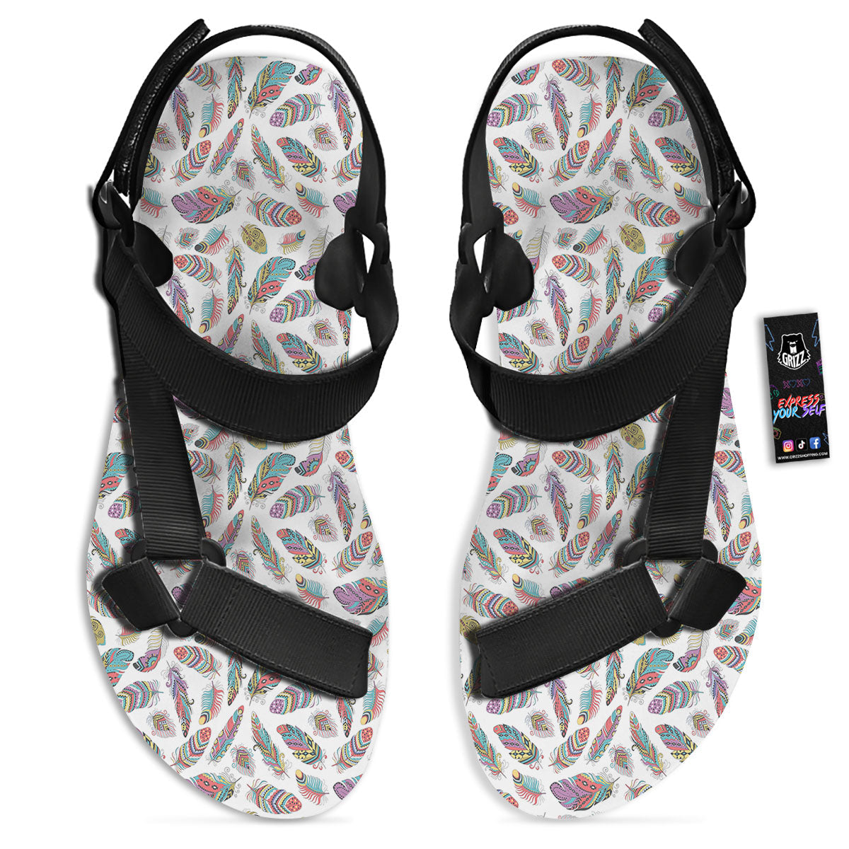 Feather Bohemian Print Pattern Black Open Toe Sandals-grizzshop