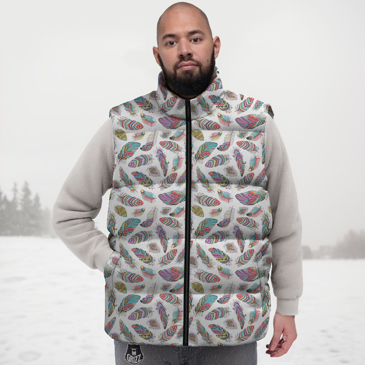 Feather Bohemian Print Pattern Down Vest