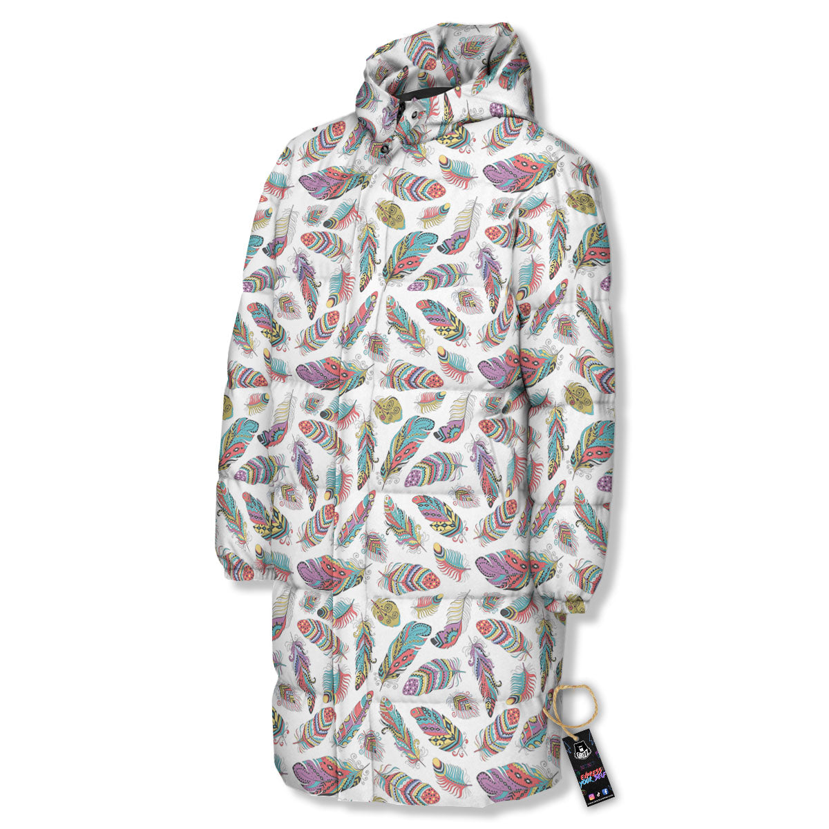 Feather Bohemian Print Pattern Long Down Jacket-grizzshop
