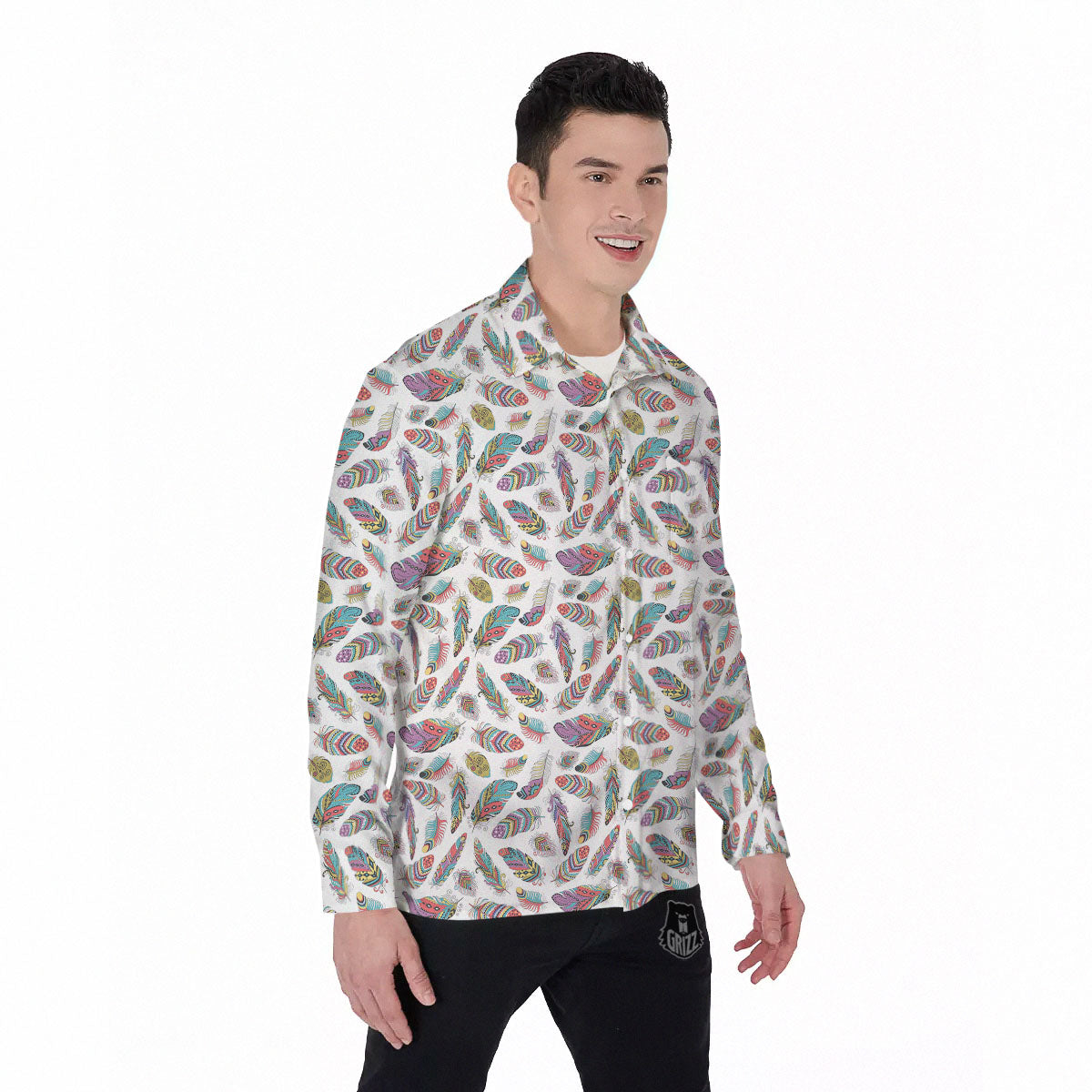 Feather Bohemian Print Pattern Men's Long Sleeve Shirts-grizzshop