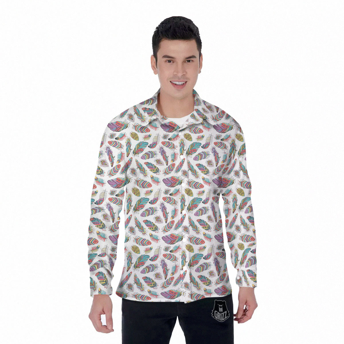 Feather Bohemian Print Pattern Men's Long Sleeve Shirts-grizzshop