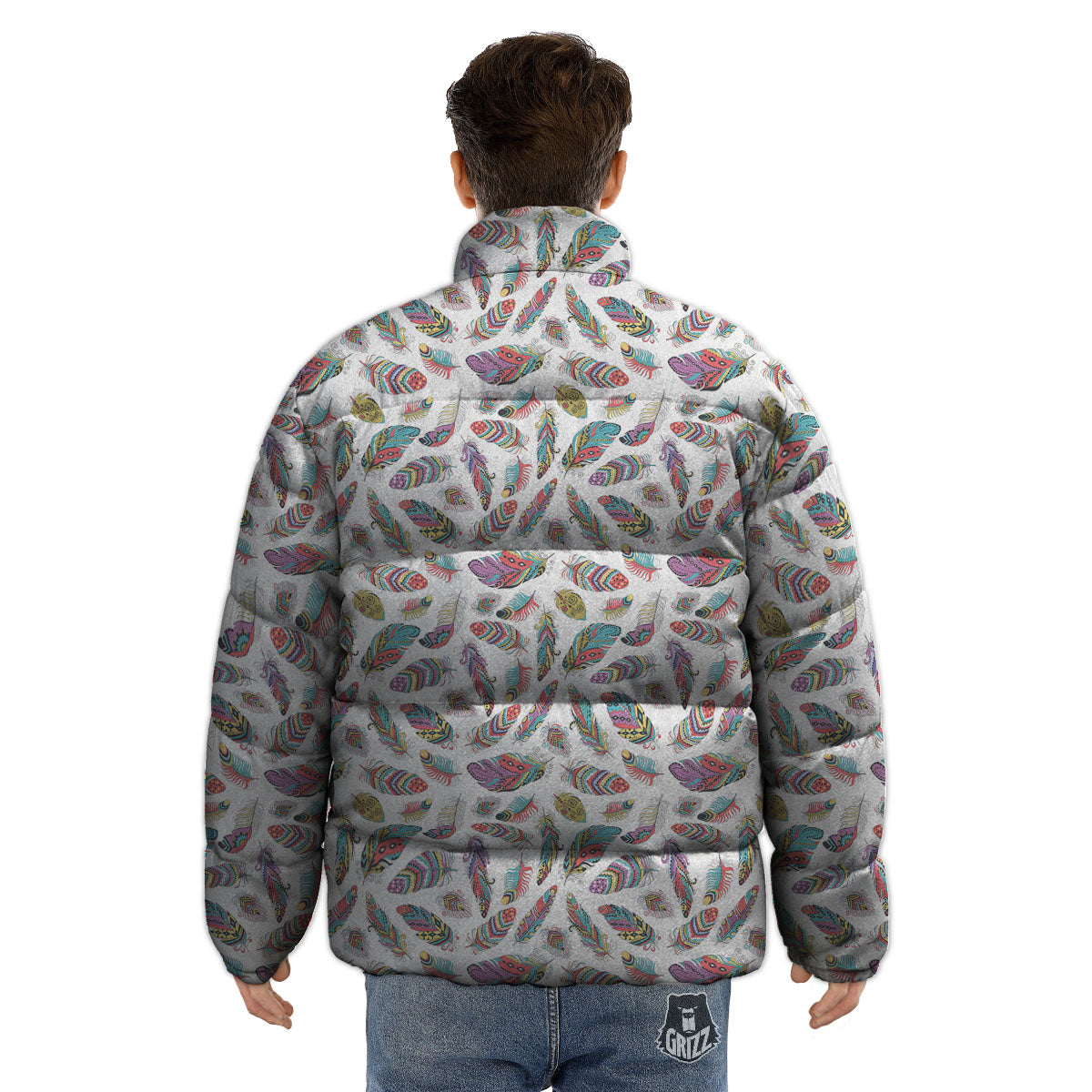Feather Bohemian Print Pattern Puffer Jacket-grizzshop